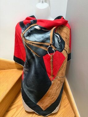 VTG  Equestrian Horse Portrait Silk Hand rolled Scarf Red/Black Border. England